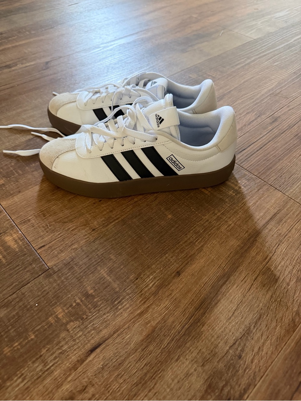 adidas White Sneakers with Black Stripes and Brown Gum Sole